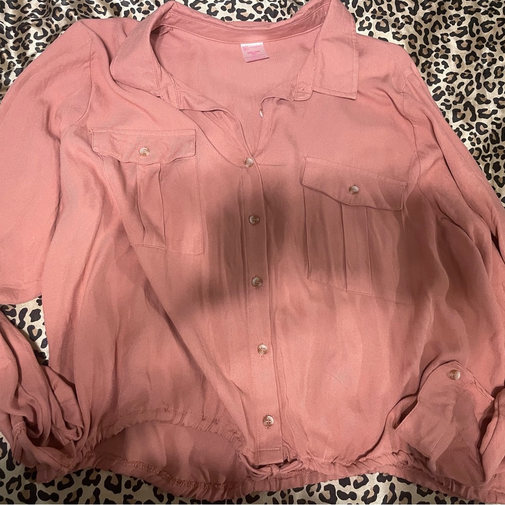 Pink button up shirt with draw string